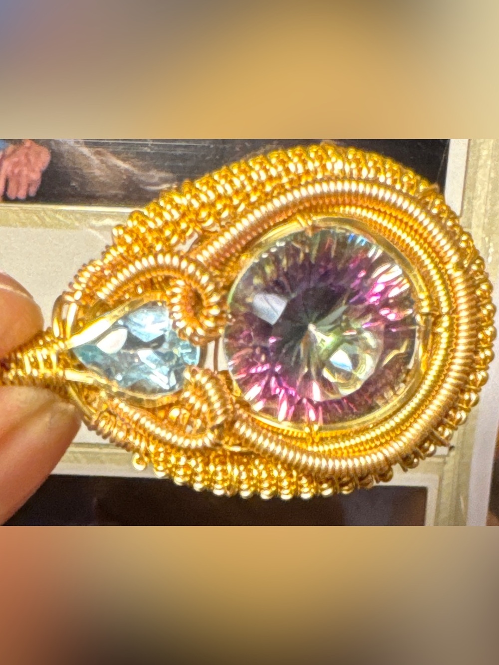 Beautiful Faceted Mystic Topaz W/Faceted Blue Topaz Accent in Gold Plated Wrap - Picture 15 of 16